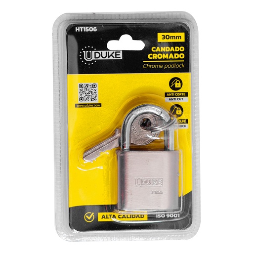 [14410] CANDADO 30MM CROMADO PULIDO EN BLISTER UDUKE (HT1506)