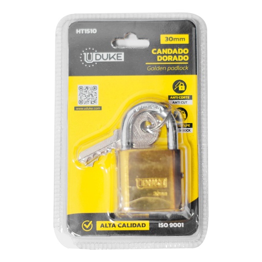 [14414] CANDADO 30MM DORADO PULIDO EN BLISTER UDUKE (HT1510)