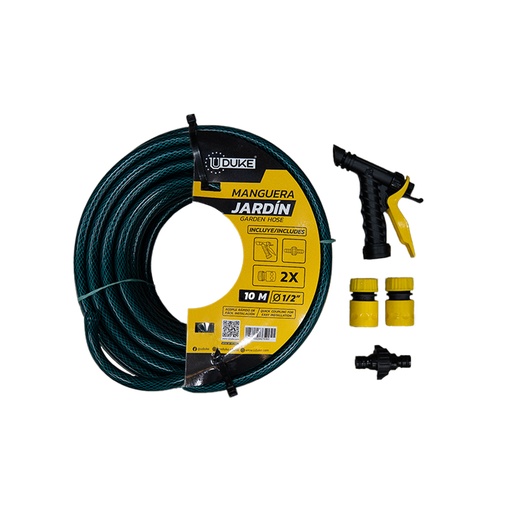 [14702] MANGUERA DE JARDIN UDUKE USO DOMESTICO X 10 METROS (SUAN)ACOPLE RAPIDO Y PISTOLA